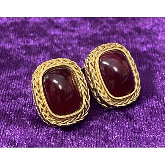 Vtg Givenchy Red Lucite Gripox Clip Earrings Translucent Cabochons Gold Tone 80s